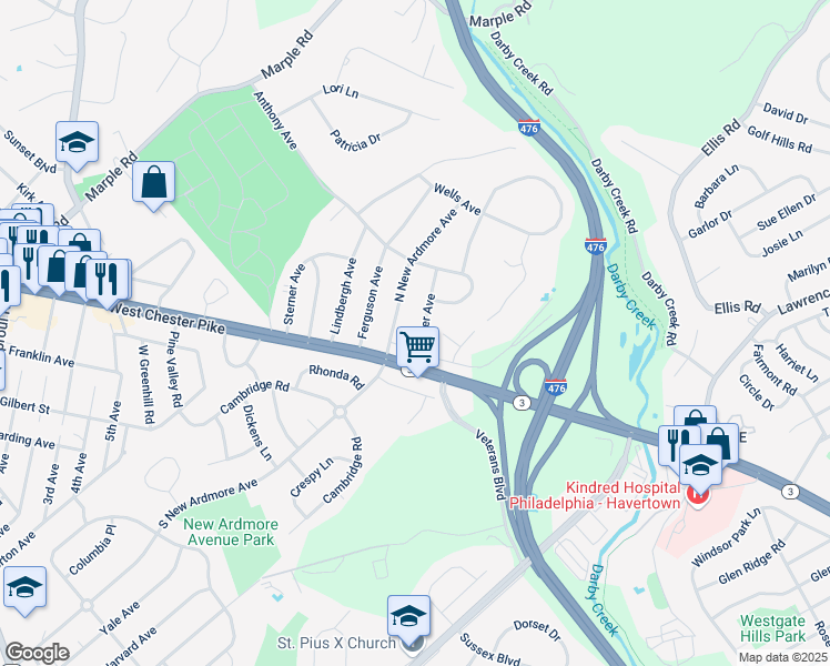 map of restaurants, bars, coffee shops, grocery stores, and more near 14 Mather Avenue in Broomall