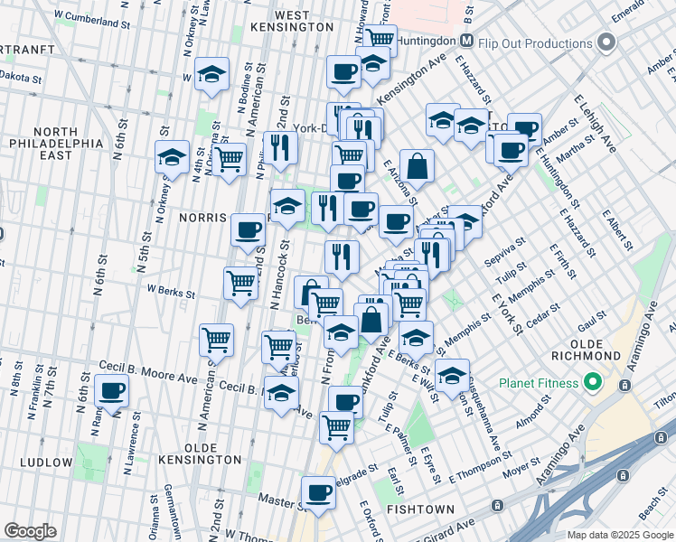 map of restaurants, bars, coffee shops, grocery stores, and more near 2004 North Front Street in Philadelphia