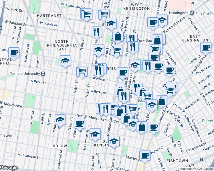 map of restaurants, bars, coffee shops, grocery stores, and more near 1942 North 3rd Street in Philadelphia