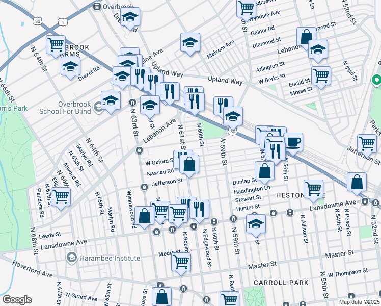 map of restaurants, bars, coffee shops, grocery stores, and more near 6033 West Oxford Street in Philadelphia