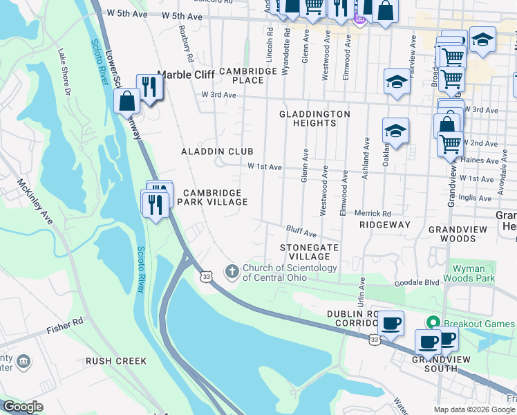map of restaurants, bars, coffee shops, grocery stores, and more near 1204 Lincoln Road in Grandview Heights