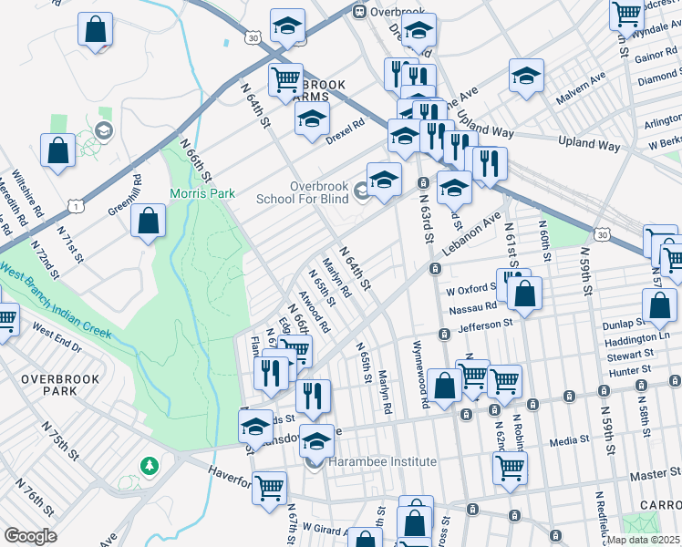 map of restaurants, bars, coffee shops, grocery stores, and more near 1217 Marlyn Road in Philadelphia