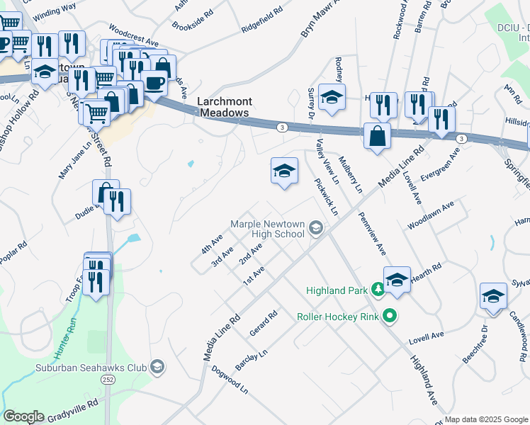 map of restaurants, bars, coffee shops, grocery stores, and more near 149 4th Avenue in Newtown Square