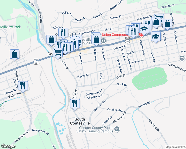 map of restaurants, bars, coffee shops, grocery stores, and more near 344 Walnut Street in Coatesville