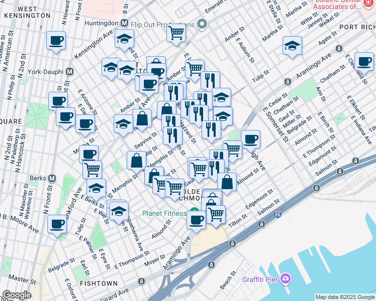map of restaurants, bars, coffee shops, grocery stores, and more near 2340 East Sergeant Street in Philadelphia