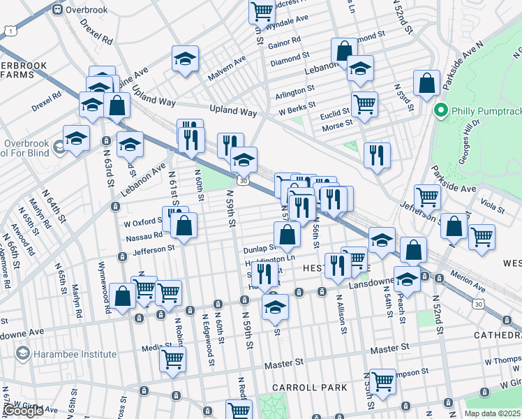 map of restaurants, bars, coffee shops, grocery stores, and more near 5746 West Oxford Street in Philadelphia