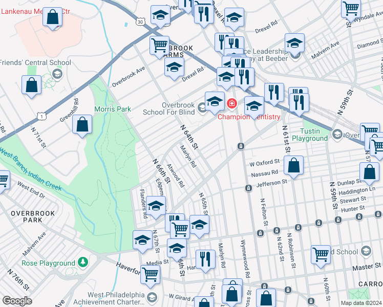 map of restaurants, bars, coffee shops, grocery stores, and more near 1217 Marlyn Road in Philadelphia