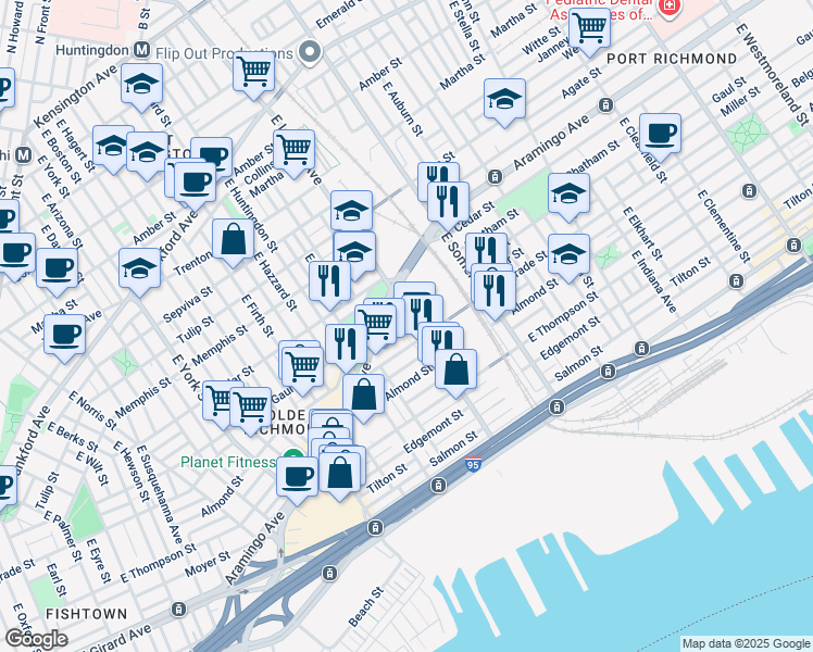 map of restaurants, bars, coffee shops, grocery stores, and more near 2512 East Lehigh Avenue in Philadelphia