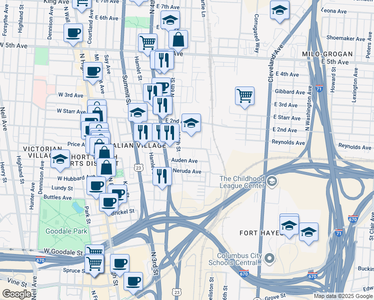 map of restaurants, bars, coffee shops, grocery stores, and more near 283 East 1st Avenue in Columbus