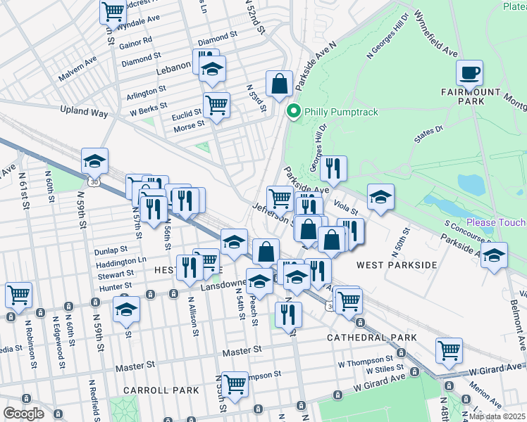 map of restaurants, bars, coffee shops, grocery stores, and more near 1700 North 53rd Street in Philadelphia