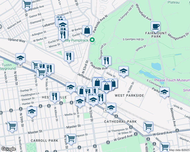 map of restaurants, bars, coffee shops, grocery stores, and more near 5231 Heston Street in Philadelphia