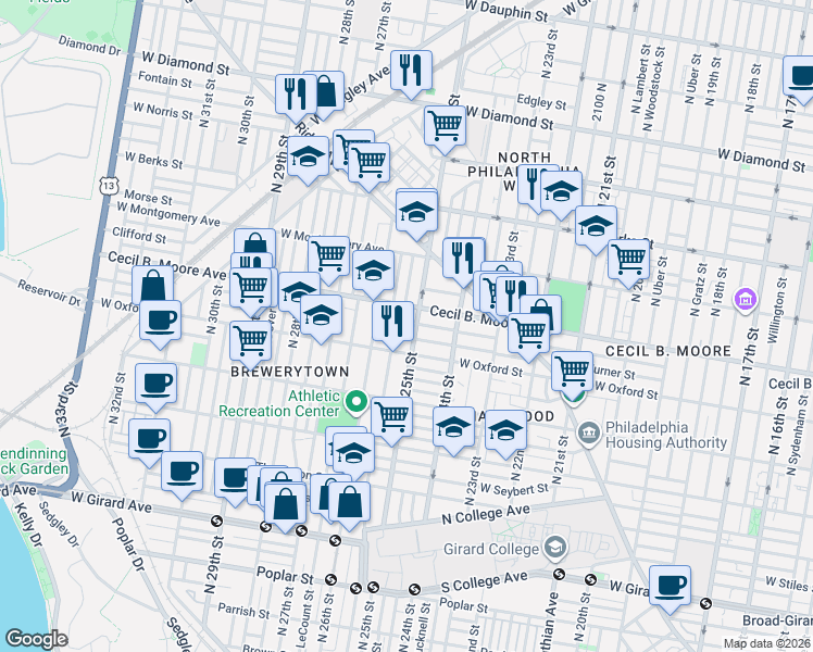 map of restaurants, bars, coffee shops, grocery stores, and more near 2447 Cecil B. Moore Avenue in Philadelphia