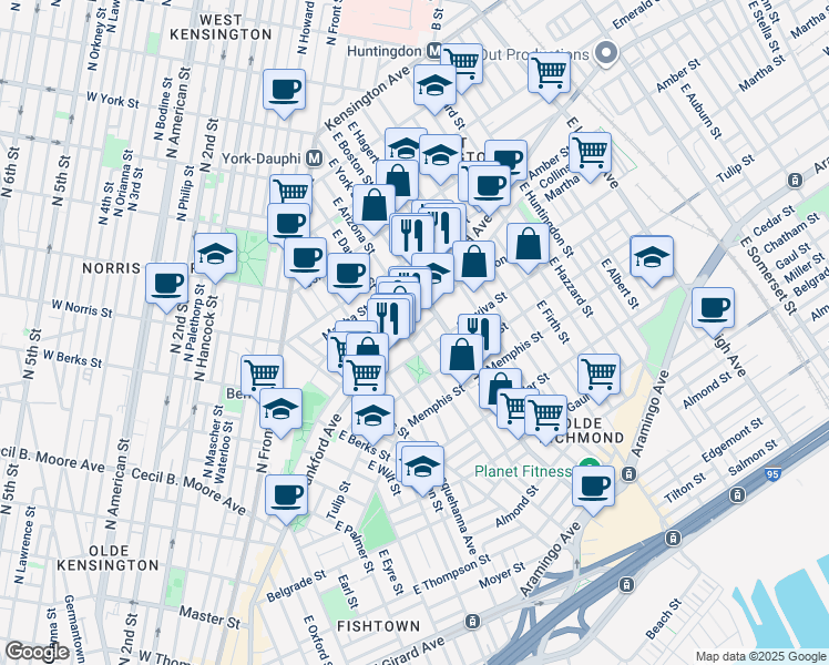 map of restaurants, bars, coffee shops, grocery stores, and more near 2304 Collins Street in Philadelphia