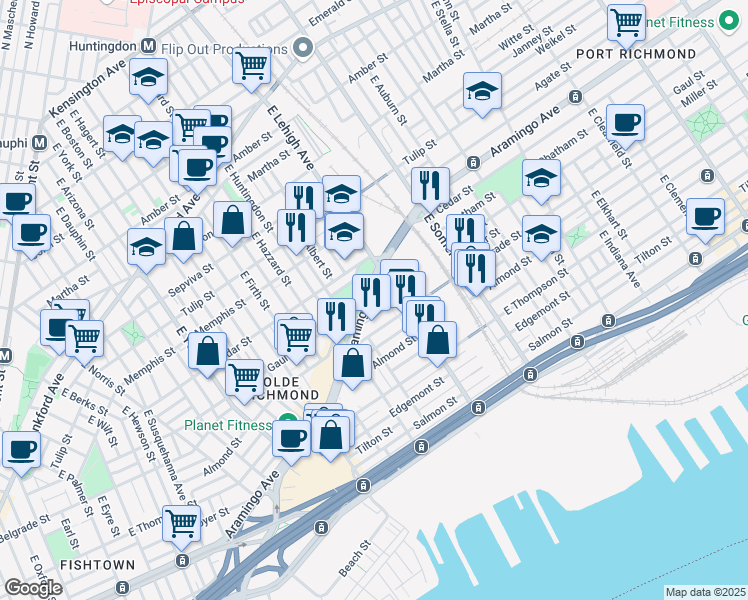 map of restaurants, bars, coffee shops, grocery stores, and more near 2671 Aramingo Avenue in Philadelphia