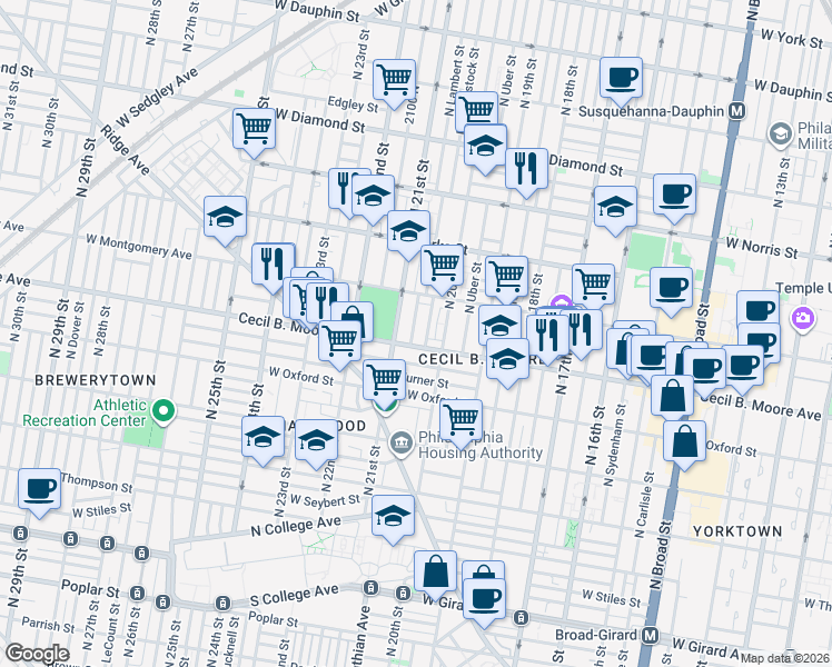 map of restaurants, bars, coffee shops, grocery stores, and more near 1714 North Woodstock Street in Philadelphia