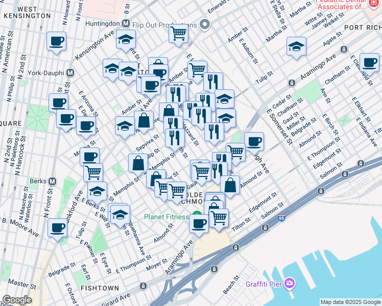 map of restaurants, bars, coffee shops, grocery stores, and more near 2340 East Sergeant Street in Philadelphia