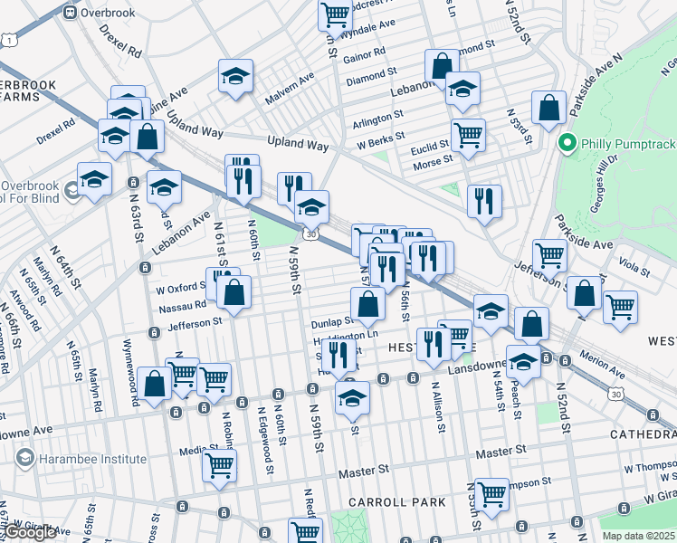 map of restaurants, bars, coffee shops, grocery stores, and more near 5738 West Oxford Street in Philadelphia