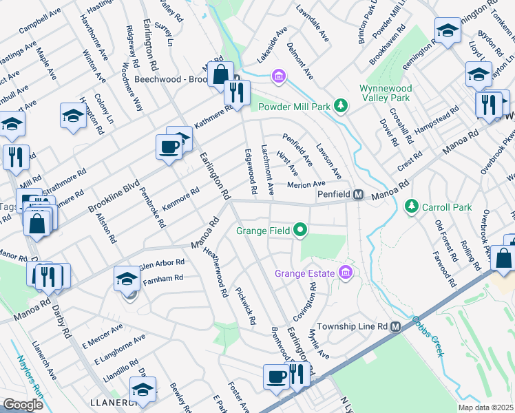 map of restaurants, bars, coffee shops, grocery stores, and more near 527 East Manoa Road in Havertown