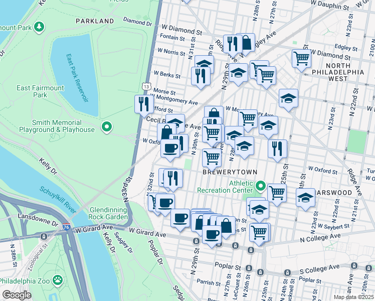 map of restaurants, bars, coffee shops, grocery stores, and more near 3016 West Oxford Street in Philadelphia