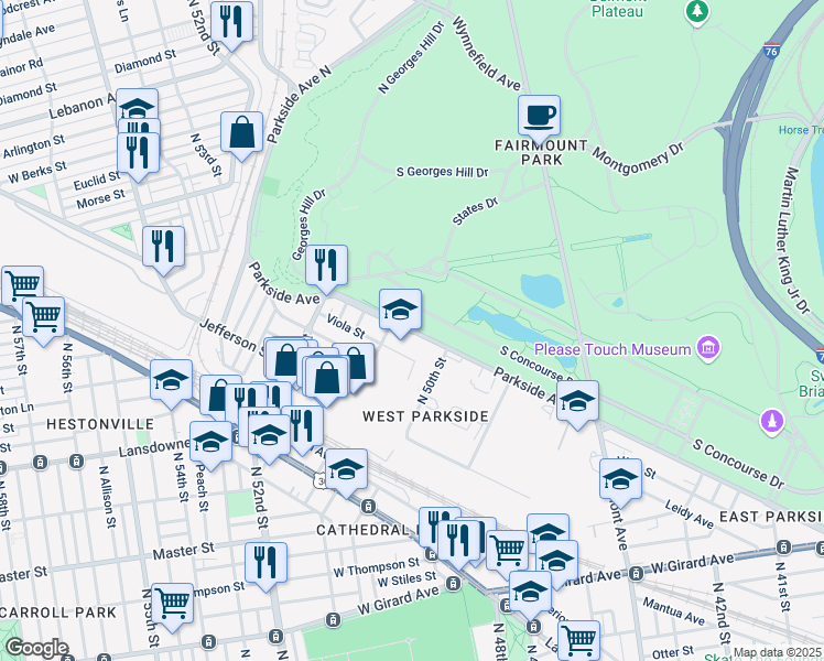 map of restaurants, bars, coffee shops, grocery stores, and more near S Concourse St in Philadelphia