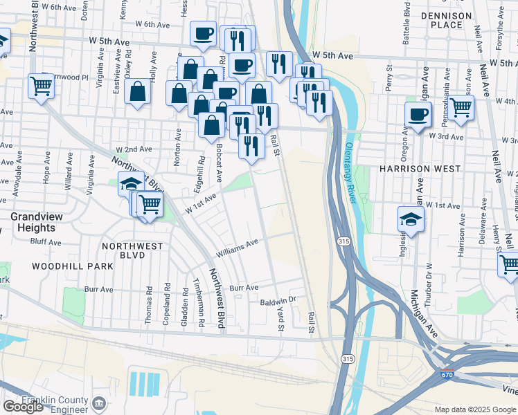 map of restaurants, bars, coffee shops, grocery stores, and more near 1111 Yard Street in Grandview Heights