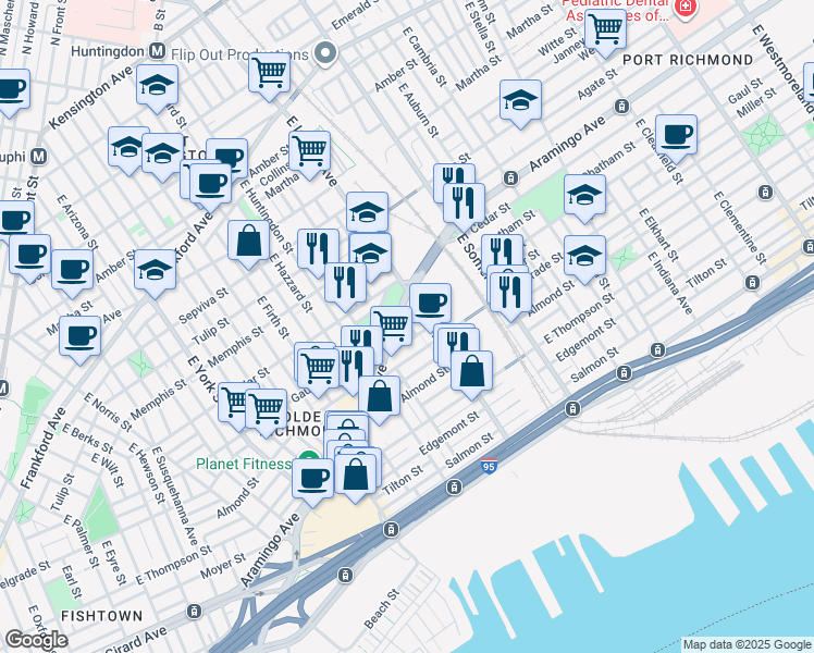 map of restaurants, bars, coffee shops, grocery stores, and more near 2444 East Lehigh Avenue in Philadelphia
