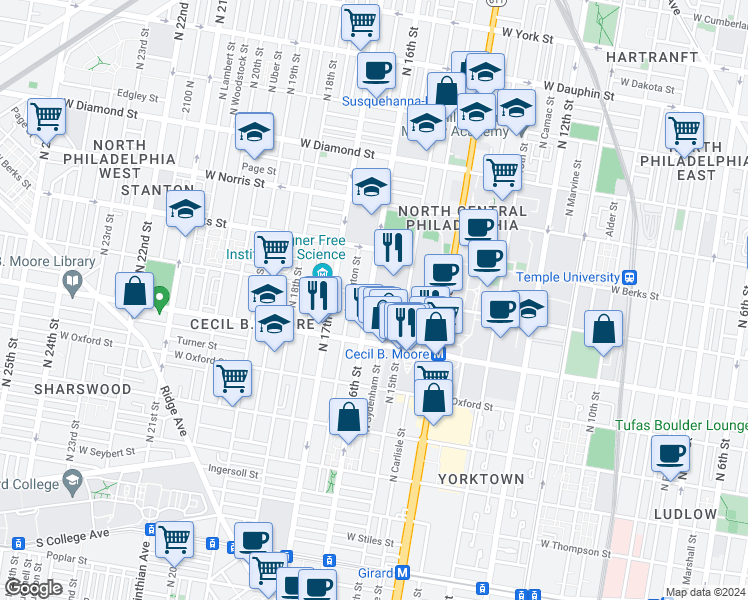 map of restaurants, bars, coffee shops, grocery stores, and more near 1745 North 16th Street in Philadelphia