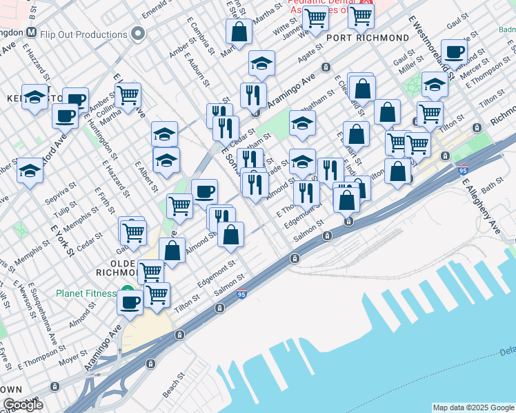 map of restaurants, bars, coffee shops, grocery stores, and more near 2820 Almond Street in Philadelphia