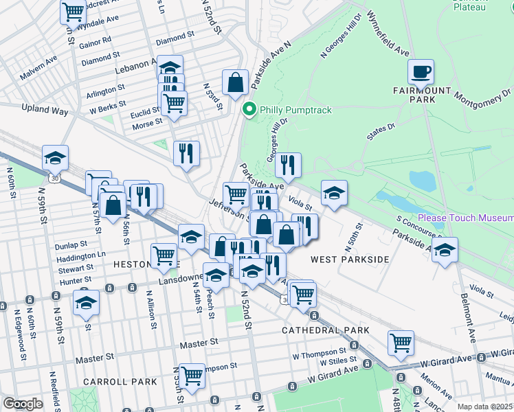 map of restaurants, bars, coffee shops, grocery stores, and more near 5231 Heston Street in Philadelphia