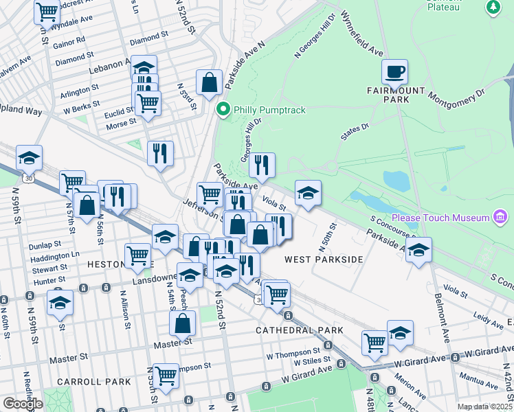 map of restaurants, bars, coffee shops, grocery stores, and more near 1701 North 52nd Street in Philadelphia