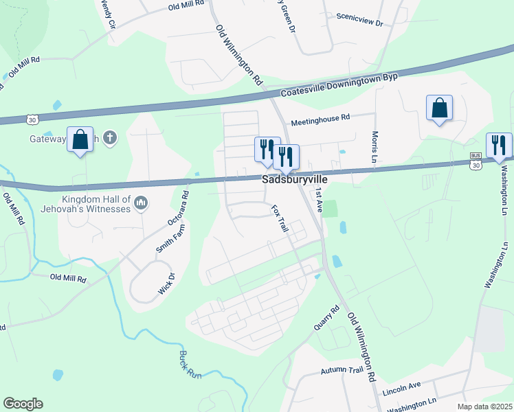 map of restaurants, bars, coffee shops, grocery stores, and more near 309 Fox Trail in Parkesburg