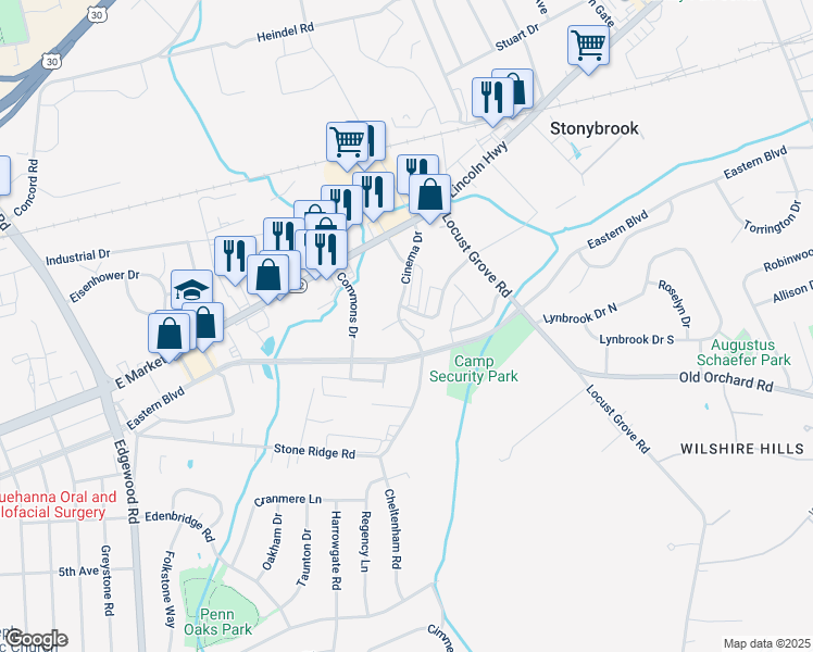 map of restaurants, bars, coffee shops, grocery stores, and more near 51 Cinema Drive in York