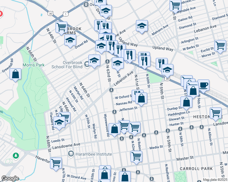map of restaurants, bars, coffee shops, grocery stores, and more near 1021 North 63rd Street in Philadelphia