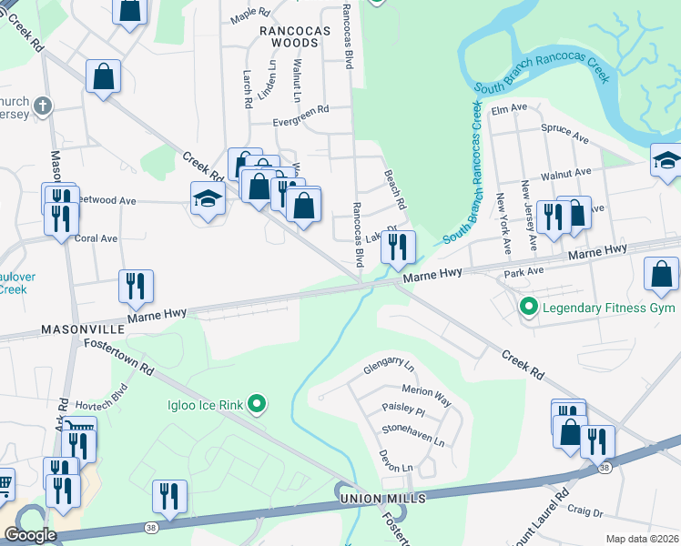 map of restaurants, bars, coffee shops, grocery stores, and more near 4 Rancocas Boulevard in Mount Laurel Township