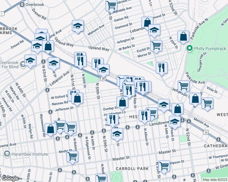 map of restaurants, bars, coffee shops, grocery stores, and more near 5730 West Oxford Street in Philadelphia