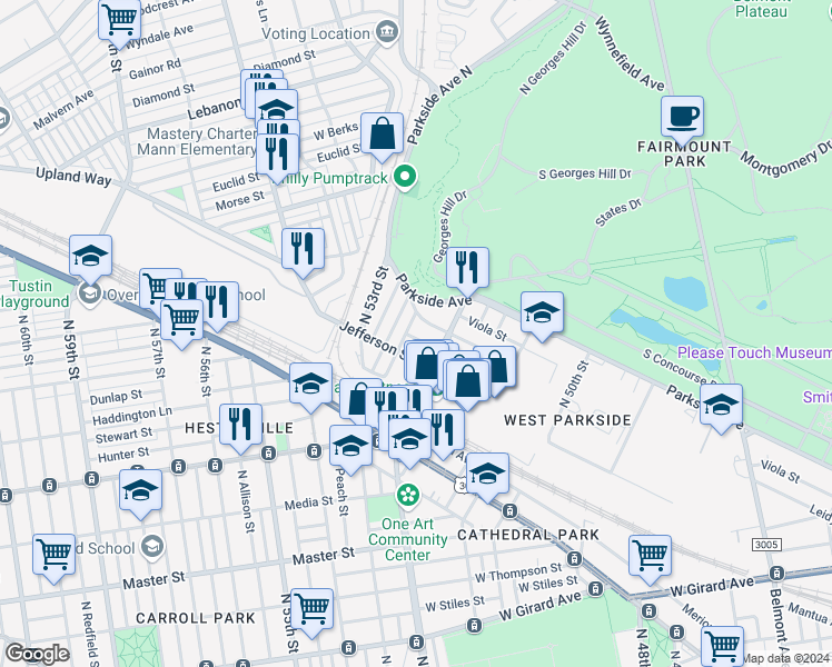map of restaurants, bars, coffee shops, grocery stores, and more near 5233 Heston Street in Philadelphia