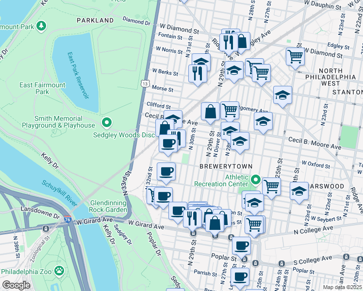 map of restaurants, bars, coffee shops, grocery stores, and more near 3026 West Oxford Street in Philadelphia