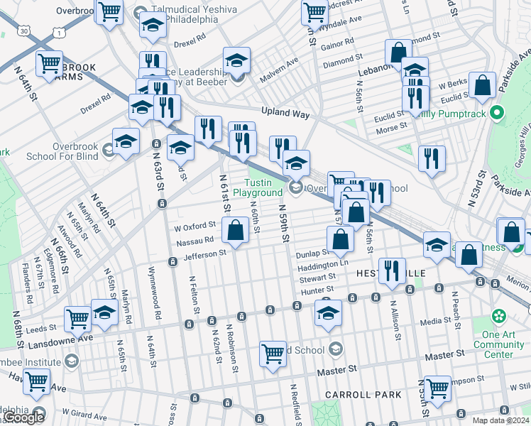 map of restaurants, bars, coffee shops, grocery stores, and more near 5927 West Oxford Street in Philadelphia