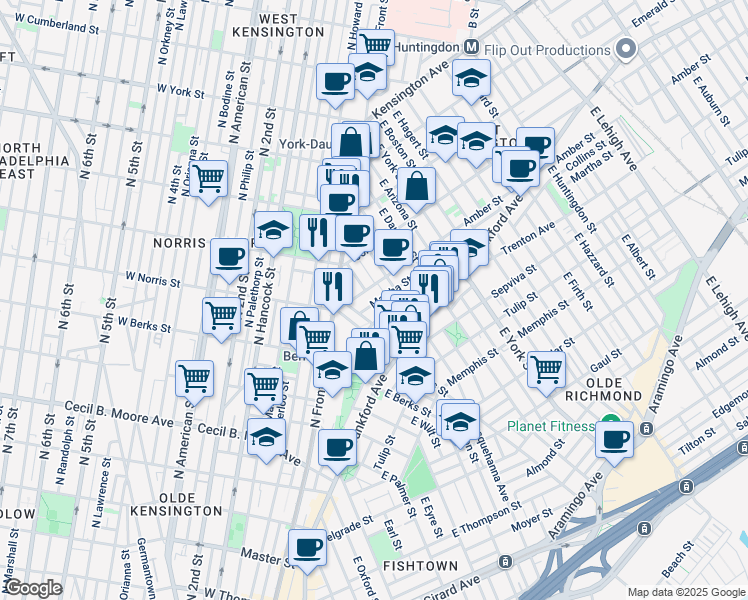 map of restaurants, bars, coffee shops, grocery stores, and more near 2036 Martha Street in Philadelphia