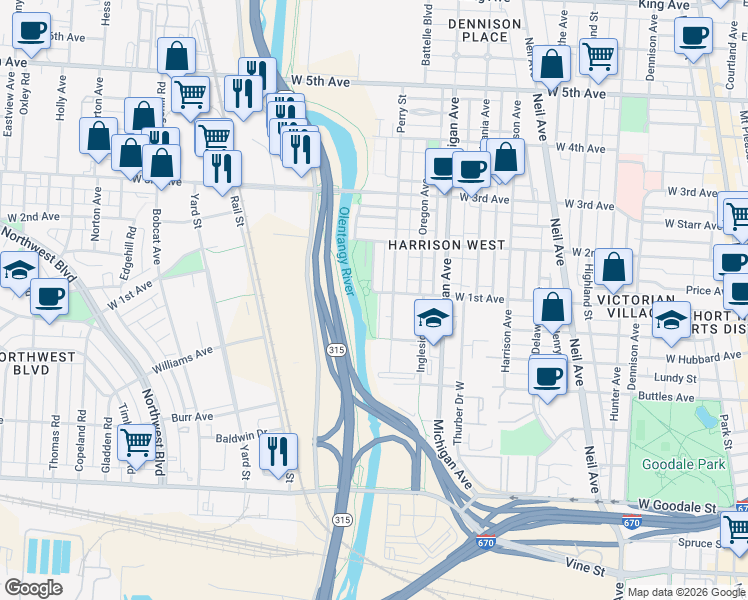 map of restaurants, bars, coffee shops, grocery stores, and more near 995 Harrison Park Place in Columbus