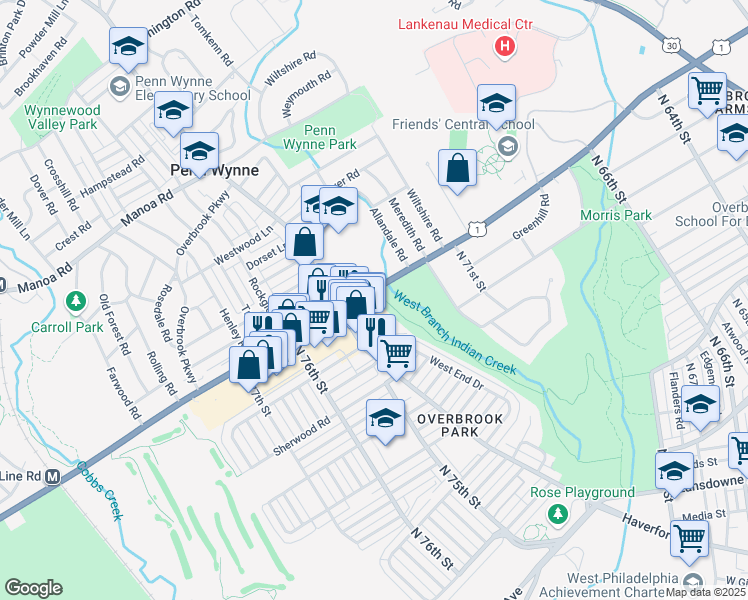map of restaurants, bars, coffee shops, grocery stores, and more near 7250-7310 City Avenue in Penn Wynne