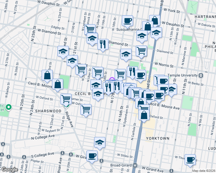 map of restaurants, bars, coffee shops, grocery stores, and more near 1731 West Montgomery Avenue in Philadelphia