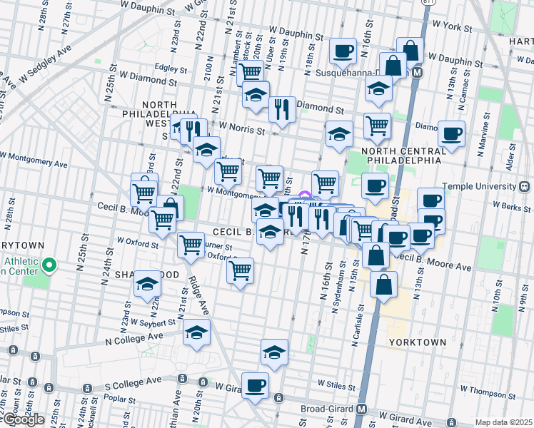 map of restaurants, bars, coffee shops, grocery stores, and more near 1724 North Gratz Street in Philadelphia