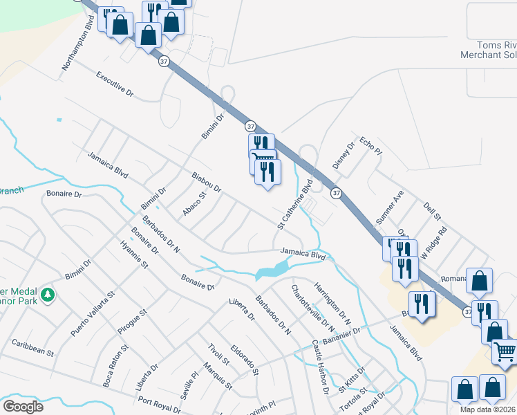 map of restaurants, bars, coffee shops, grocery stores, and more near in Toms River