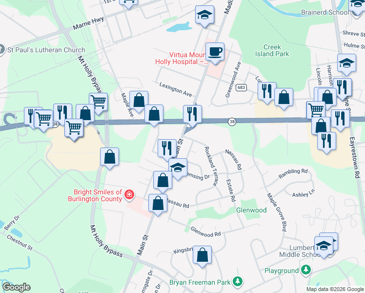 map of restaurants, bars, coffee shops, grocery stores, and more near 2 Rockland Terrace in Lumberton