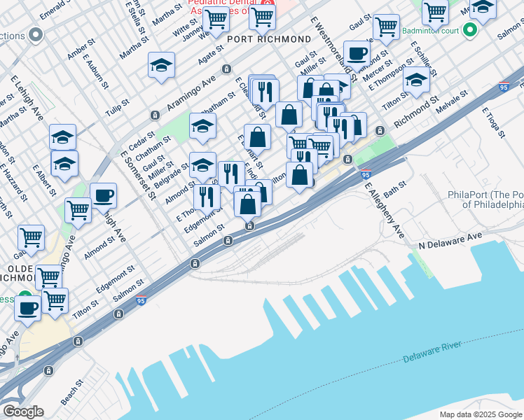 map of restaurants, bars, coffee shops, grocery stores, and more near 2728 East Indiana Avenue in Philadelphia