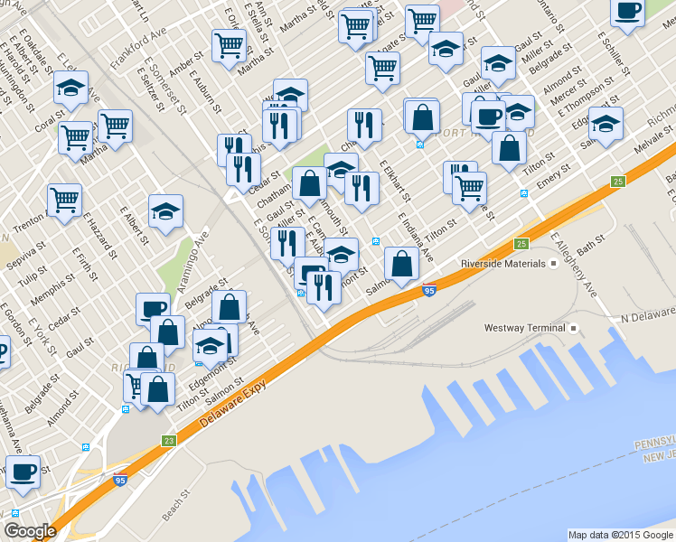 map of restaurants, bars, coffee shops, grocery stores, and more near 2848R East Thompson Street in Philadelphia