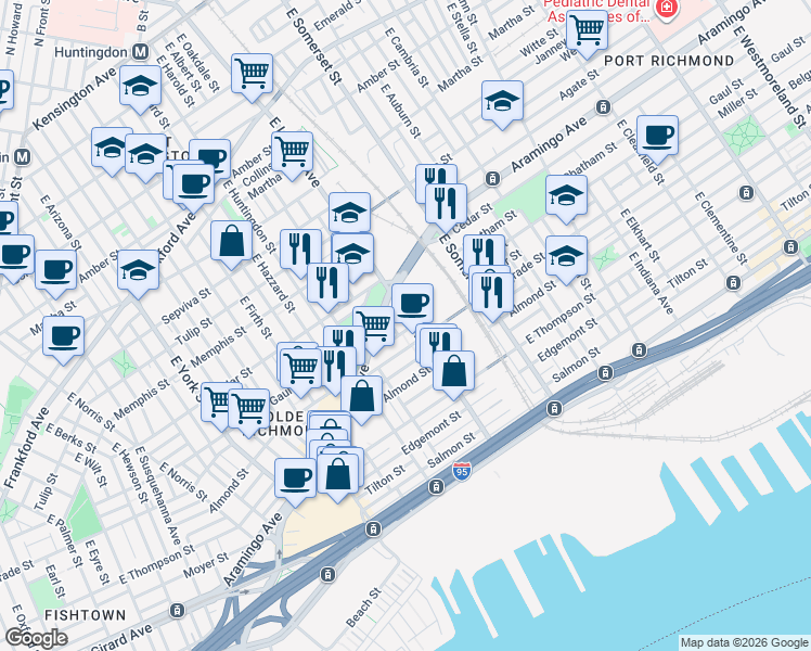 map of restaurants, bars, coffee shops, grocery stores, and more near 2444 East Lehigh Avenue in Philadelphia