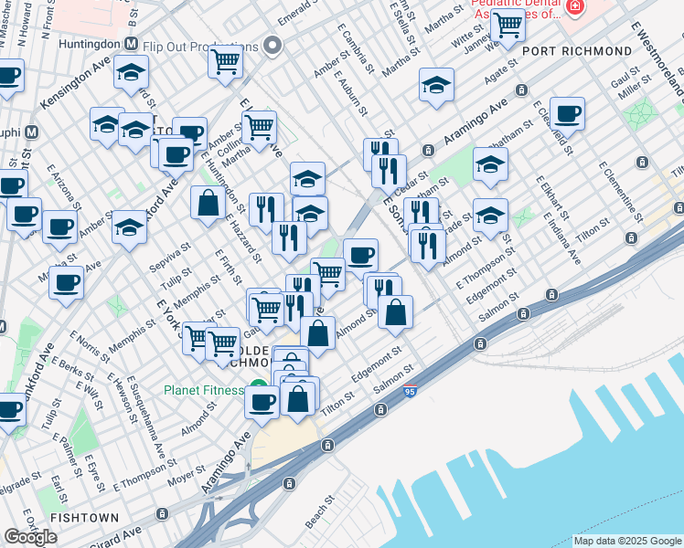 map of restaurants, bars, coffee shops, grocery stores, and more near 2444 East Lehigh Avenue in Philadelphia