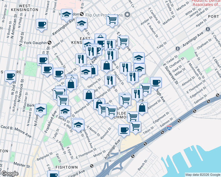 map of restaurants, bars, coffee shops, grocery stores, and more near 2315 East Cumberland Street in Philadelphia
